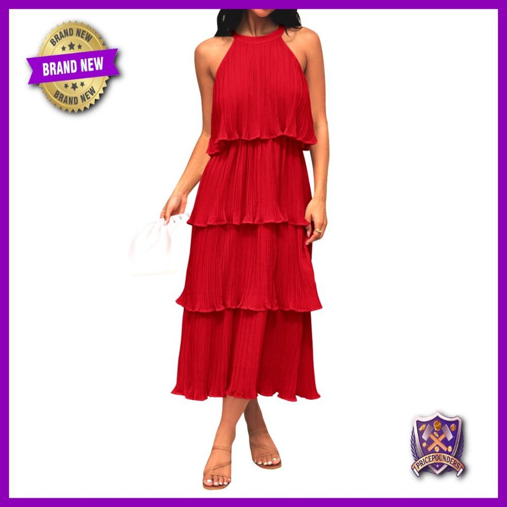 Sleeveless Halter Neck Ruffle Tiered Chiffon Midi Dress Elegant Summer Swing